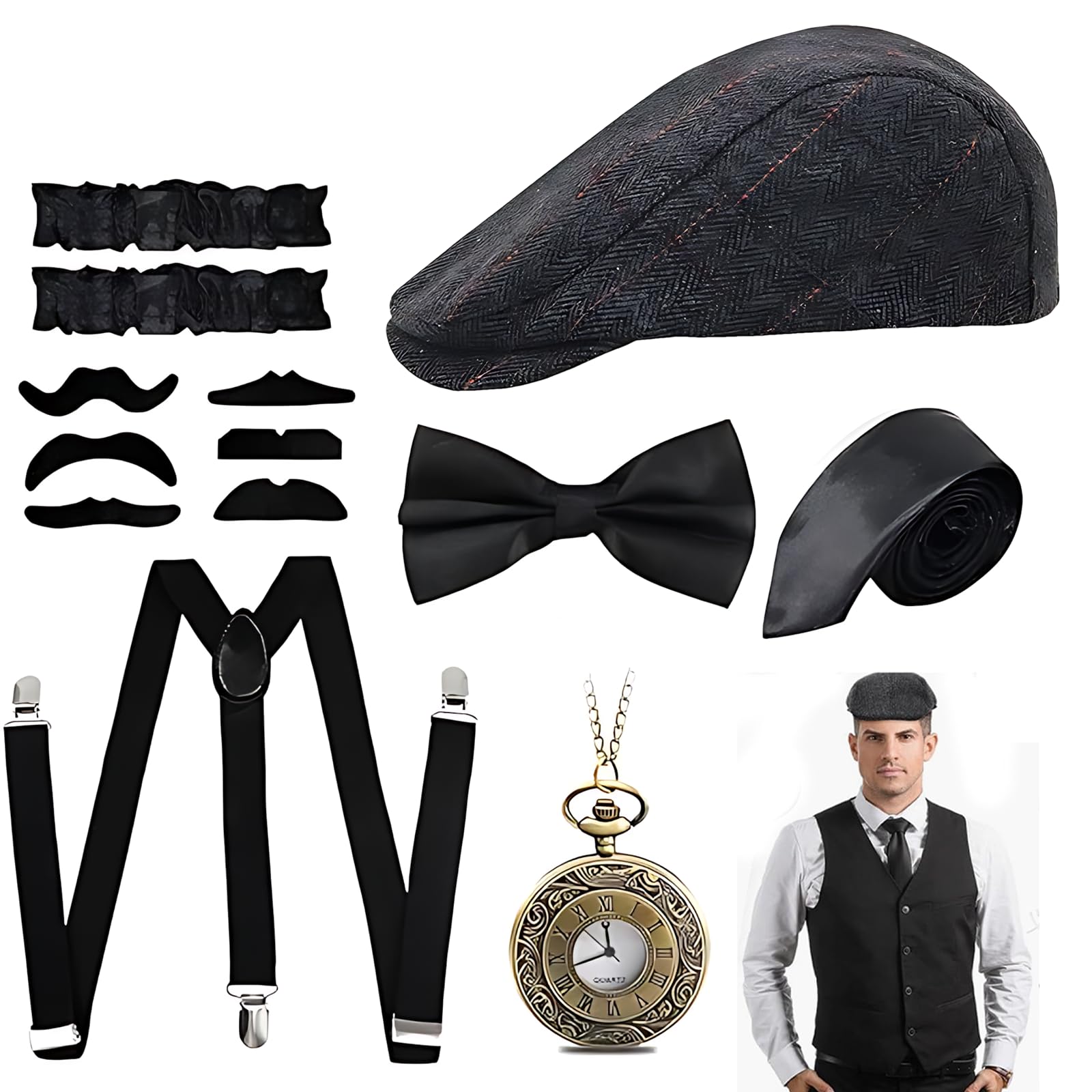 atnayo 1920s Mens Costume Accessories Set for Gatsby Fancy Dress Bow Tie Pocket Watch Glasses