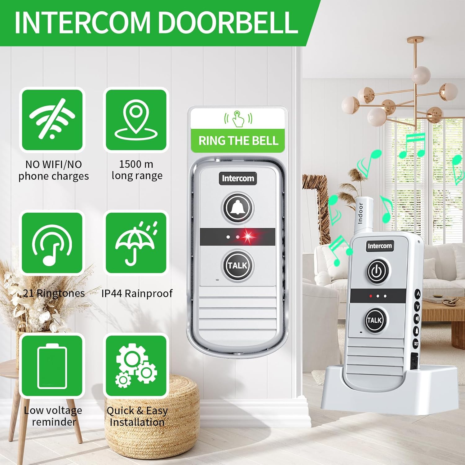 Wireless Intercom Doorbell,4900ft Long Range Home Intercom System,Two Way Intercom for Elderly with 16 channels,21 Ringtones, 4 Volume Levels,Room to Room Intercom for Home Business Communication