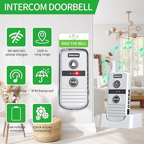 Miniatura 7 de Timbre de intercomunicación inalámbrico, timbres a batería con altavoz, rango de 4900 pies, intercomunicadores de comunicación bidireccionales con 3