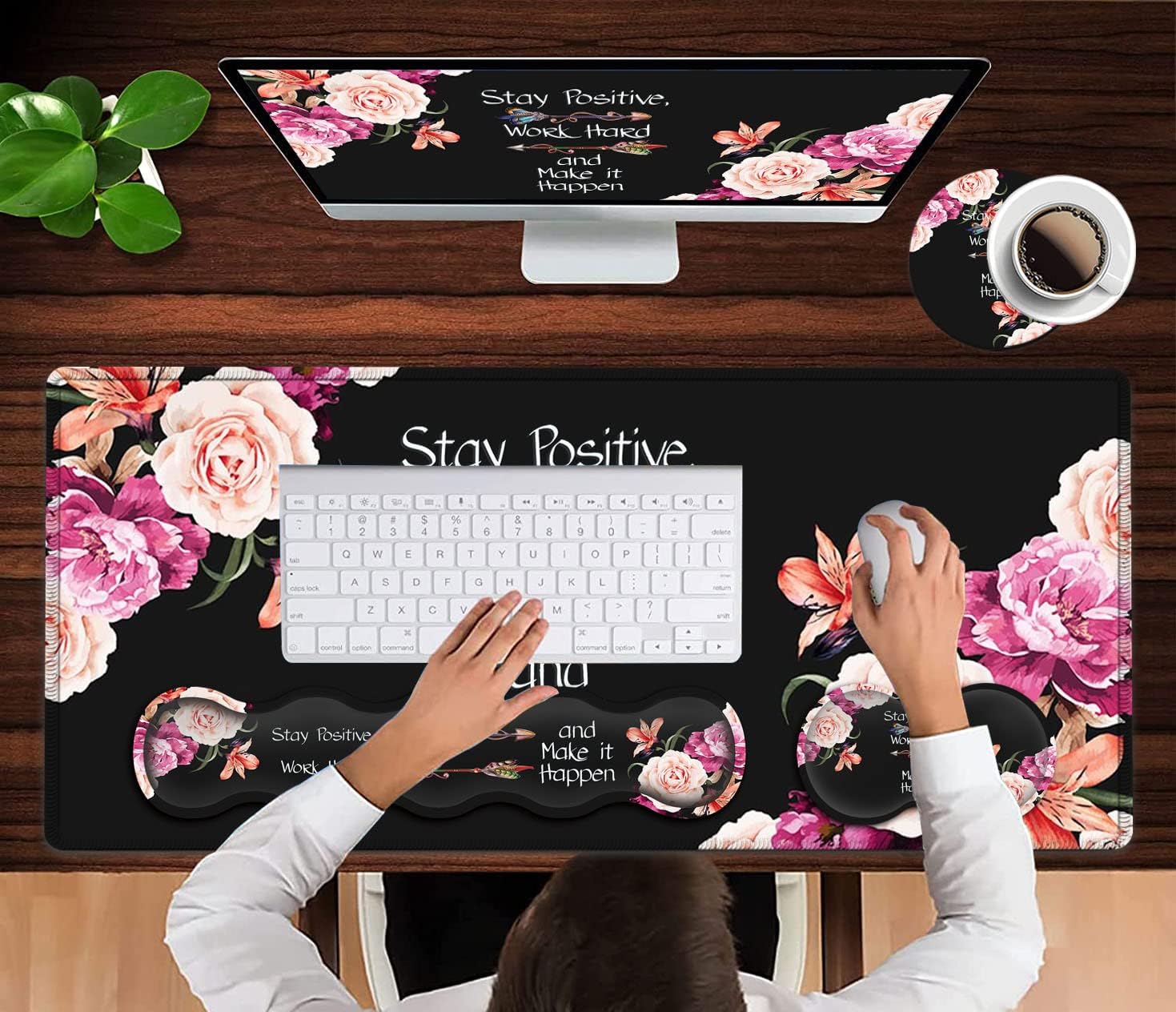 Large Mouse Pad with Wrist Support Set,Memory Foam Keyboard Wrist Rest +XXL Extended Gaming Mouse Pad + Ergonomic Mouse Wrist Pad,Peony Flower Inspirational Quotes Office Black Desk Pad for Women Men