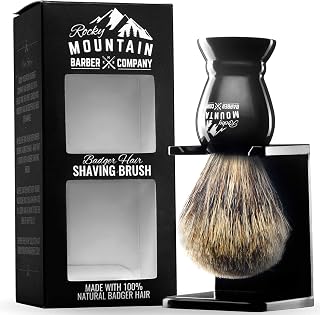 Rocky Mountain Barber 100% Best Badger Hair Shaving Brush with Stand - Heavy Duty Resin Handle, Oversized Head for Rich Lather