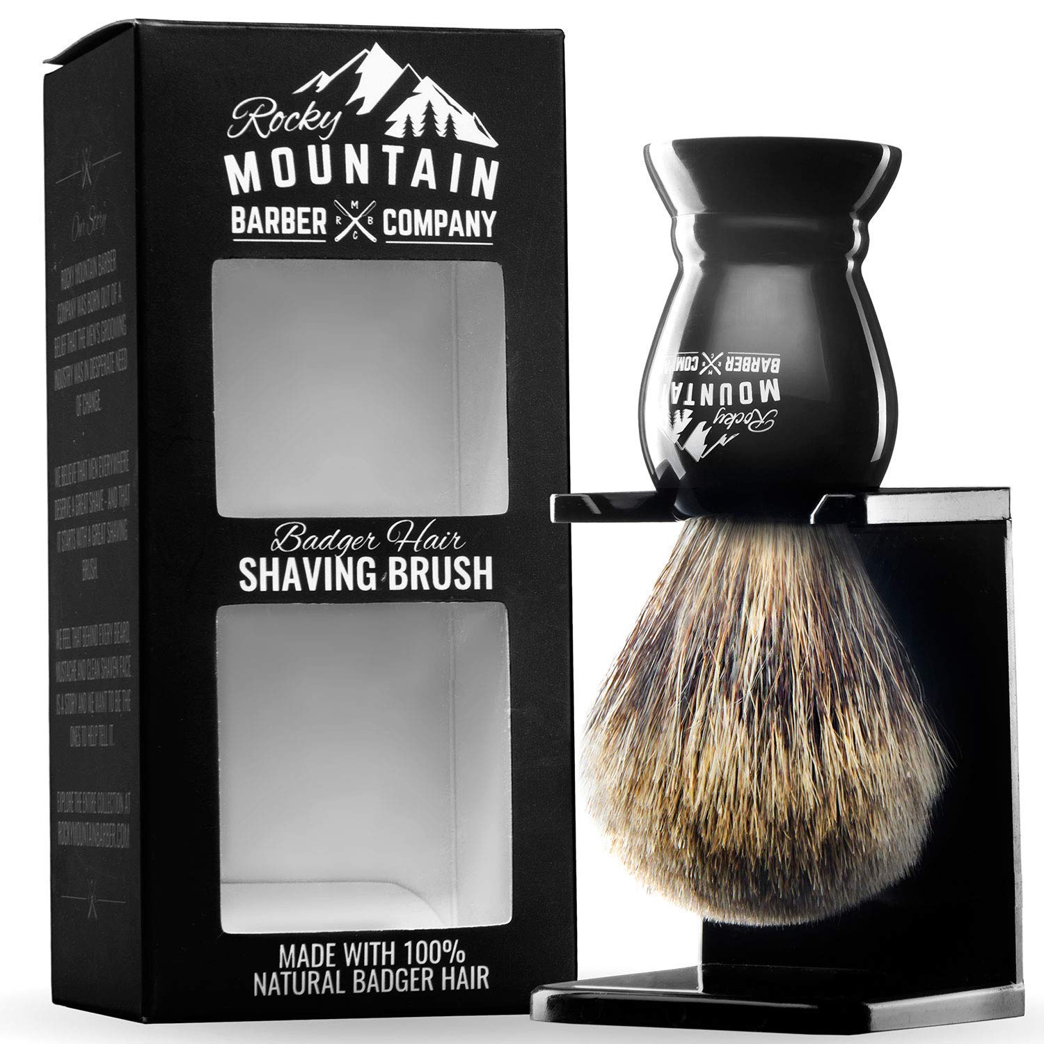 Rocky Mountain Barber 100% Best Badger Hair Shaving Brush with Stand - Heavy Duty Resin Handle, Oversized Head for Rich Lather