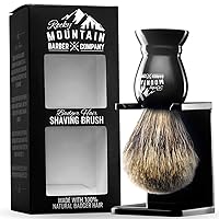 Vista 1 de Brocha de Afeitar con pelo de tejón con soporte – Rocky Mountain Barber 100% mejor de grado barbero con mango negro grande resistente de resina