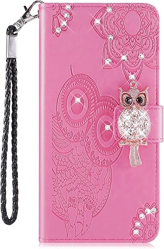 Jinghuash Kompatibel mit Huawei 2019 HA lle Bling Glitzer GlA nzend Diamant Leder Flip Case Brieftasche Ledertasche Wallet Eule Muster KlapphA lle KartenfA cher LederhA lle HandyhA lle-Rosa