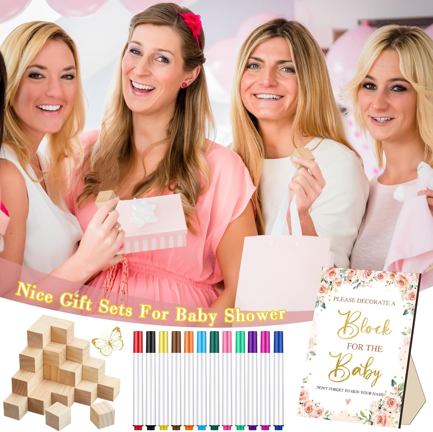 Tenceur 104 Pcs Baby Shower Game Sign Set Baby Shower Blocks to Decorate 54 DIY Blank Wooden Block 48 Watercolor Markers with Box Set for Games Gender Reveals Party Supplies