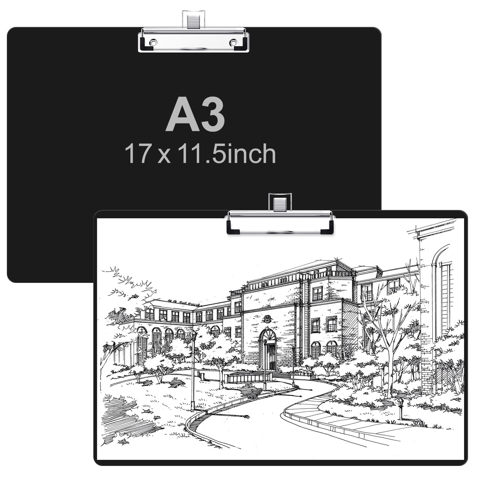 11x17 Tabloid Size Clipboard with Pen Holder, Black Large Horizontal Clip Board for Teachers, Students, Lawyer, Landscape Layout, with Low Profile Clip, Office & School Supplies(2Pack)