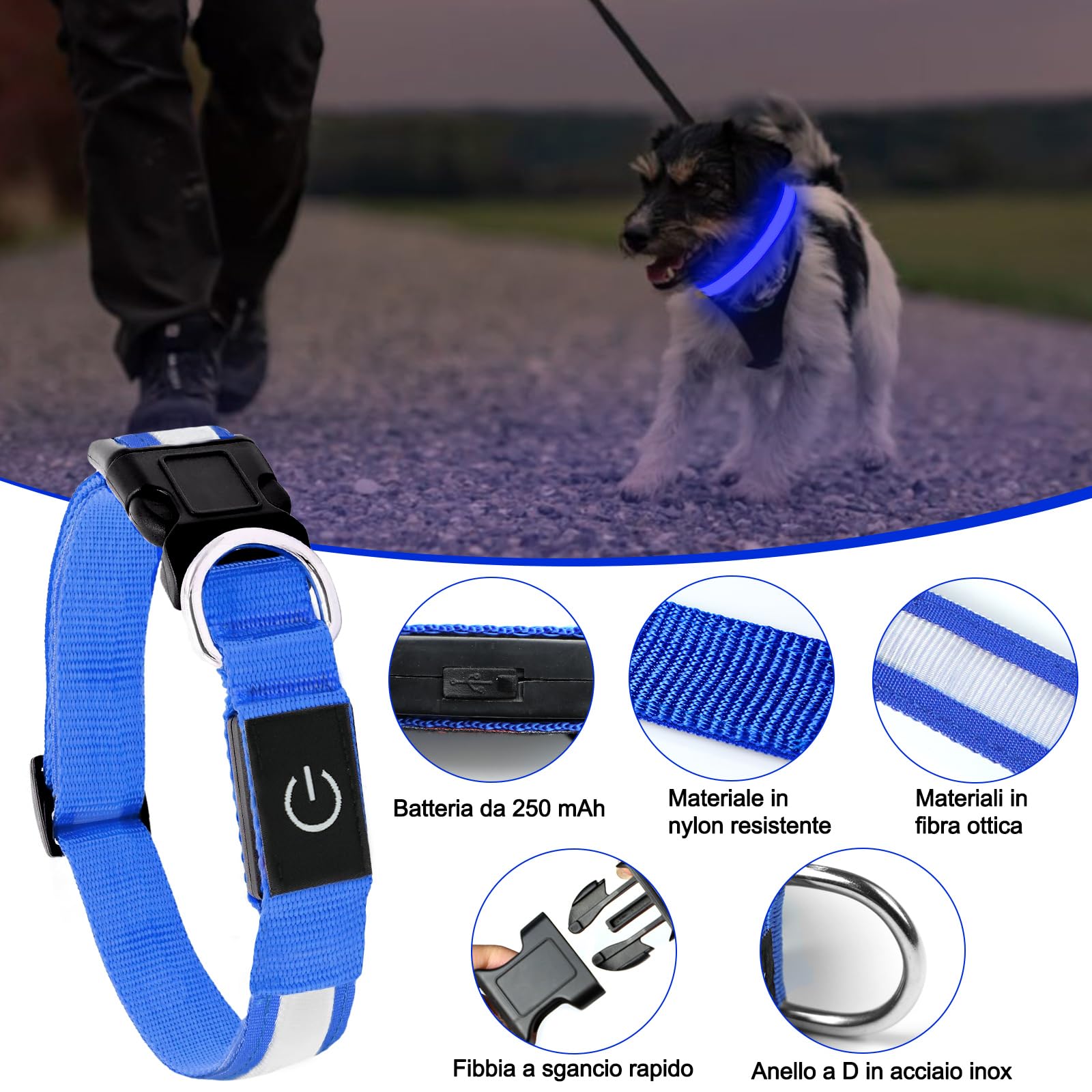 Nepfaivy Collare Luminoso per Cani Ricaricabile - Collare per Cani a Led con Lunghezza Regolabile, 3 Modalità di Illuminazione per la Sicurezza Notturna, Blu