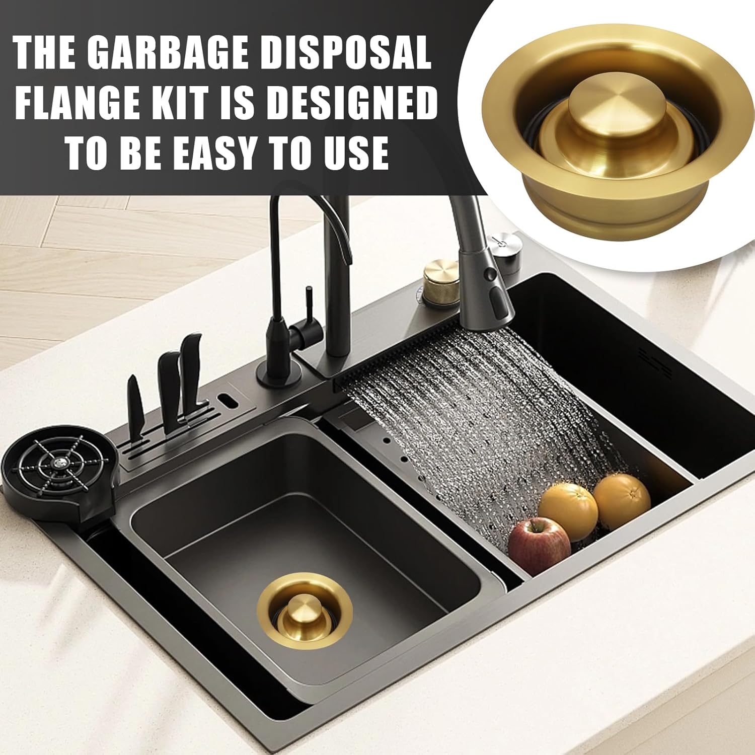 1PCS Sink Garbage Disposal Flange,Sink Drain Flange Gold Stopper Stainless Steel Sink Stopper,Universal Fit 3-1/2 Inch for Standard Sink Drain Opening