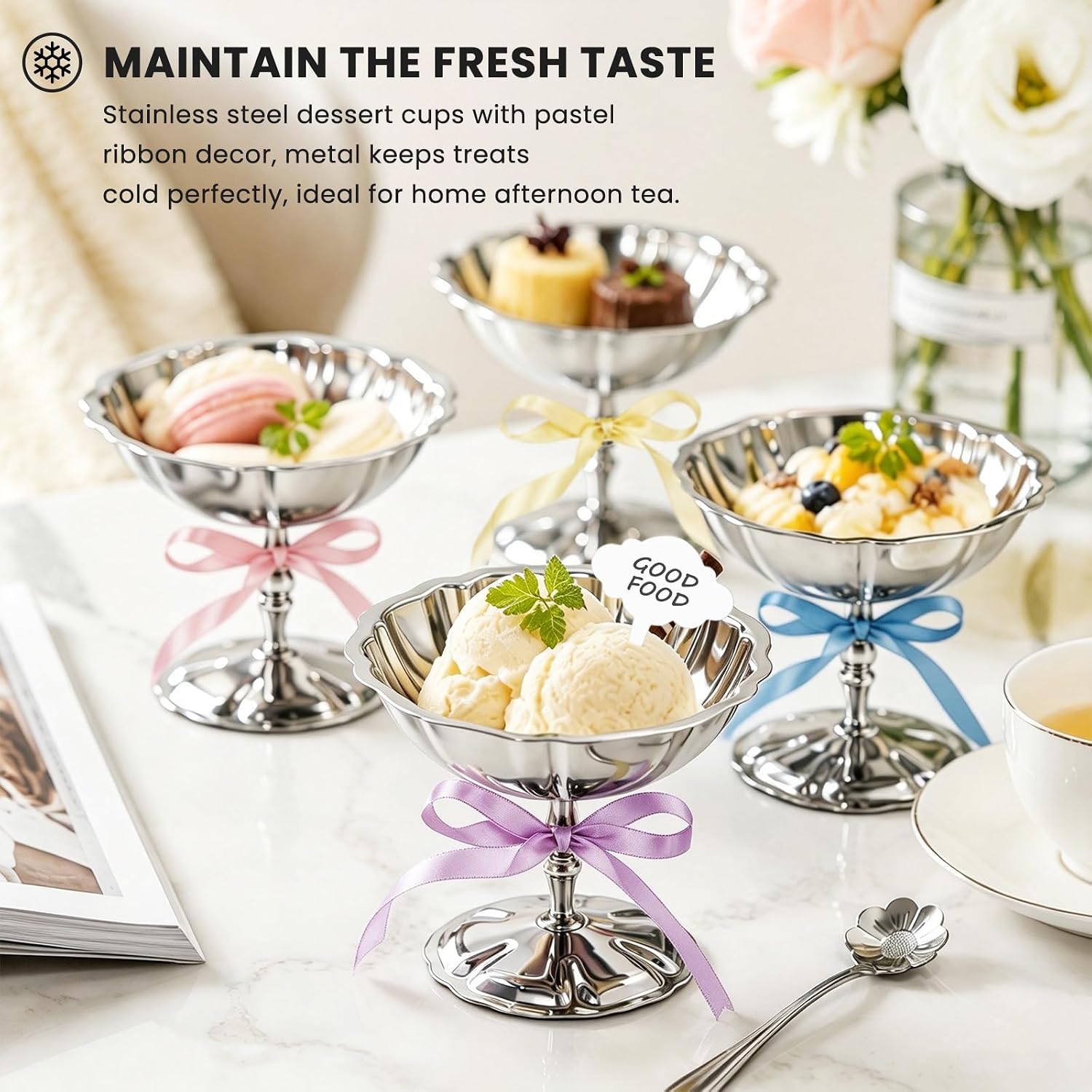 4 Pcs Stainless Steel Bowls:Silver Ice Cream & Dessert Bowls Set for Party