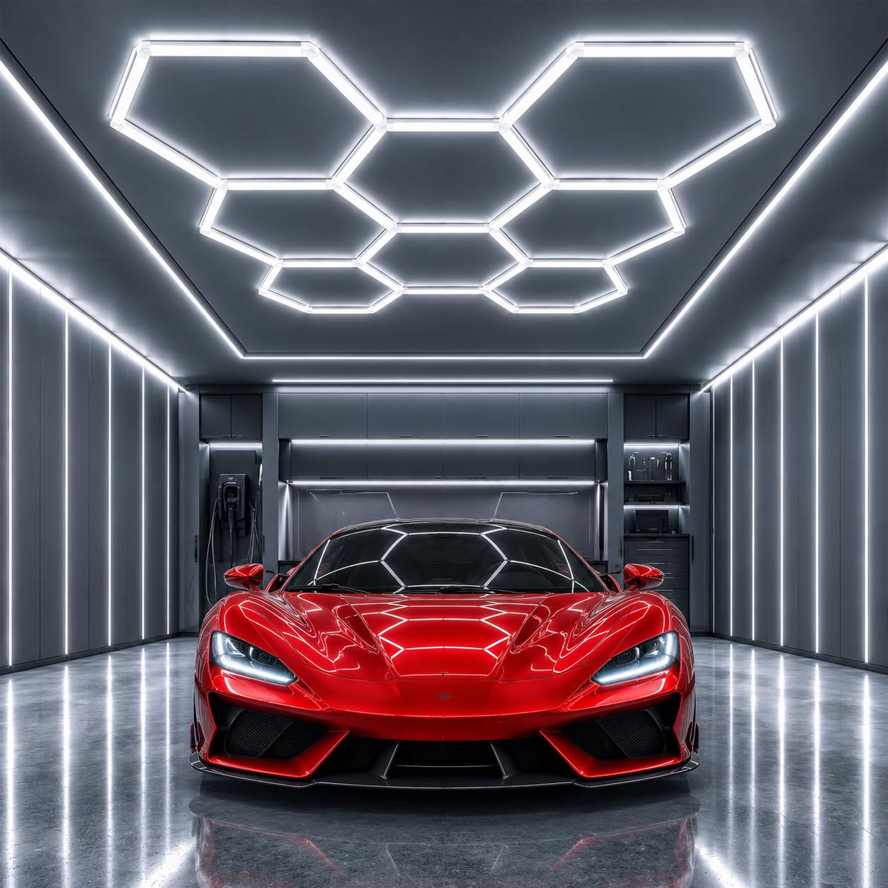 Engovvy Hexagon LED Garage Lights, 280W 6500K Led Garage Lighting, Hexagon Led Ceiling Light, DIY Super Bright Honeycomb Garage Lights for Warehouse Workshop Gym Basement Car Wash Room(8 HEX)