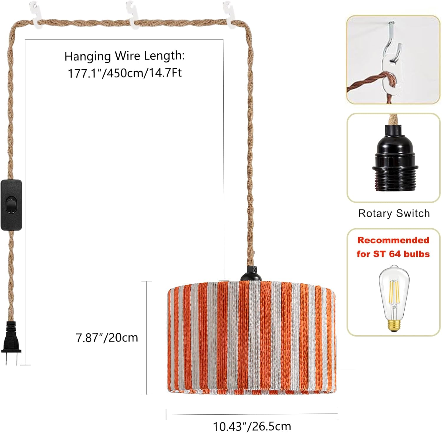 Rattan Pendant Light Plug in: Boho Hanging Lamp Plug in Boho Pendant Light Fixture for Living Room, Bedroom, Dining Room,Kitchen, E26 No Bulb