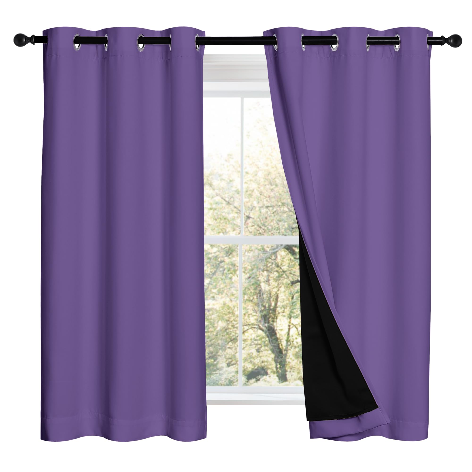 NICETOWN Lilac Purple 100% Blackout Curtains 2 Panels with Black Liners, Thermal Insulated Full Blackout 2-Layer Lined Drapes, Noise Cancellation Window Draperies for Dining Room (42" W by 54" L)