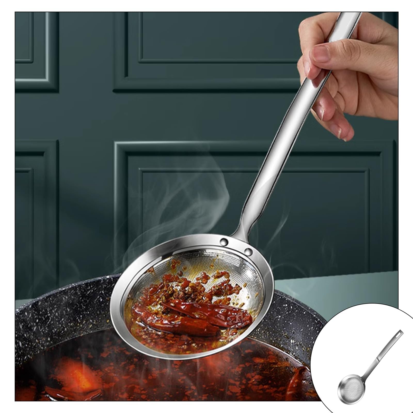 Łyżka cedzakowa, łyżka ze stali nierdzewnej, łyżka do smażenia, chochla do smażenia z drobnym sitkiem, małe sitko, sitko do kuchni, odtłuszczacz, chochla do oleju, pianki, resztek żywności (L)