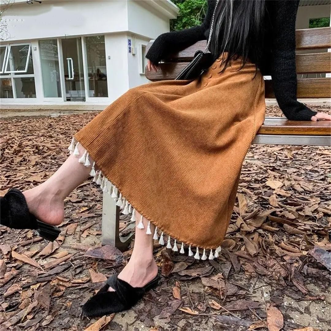 Donne Inverno Solido Allentato Nappa Pulsante Velluto A Vita Alta A-Line Retro Gonne al Ginocchio