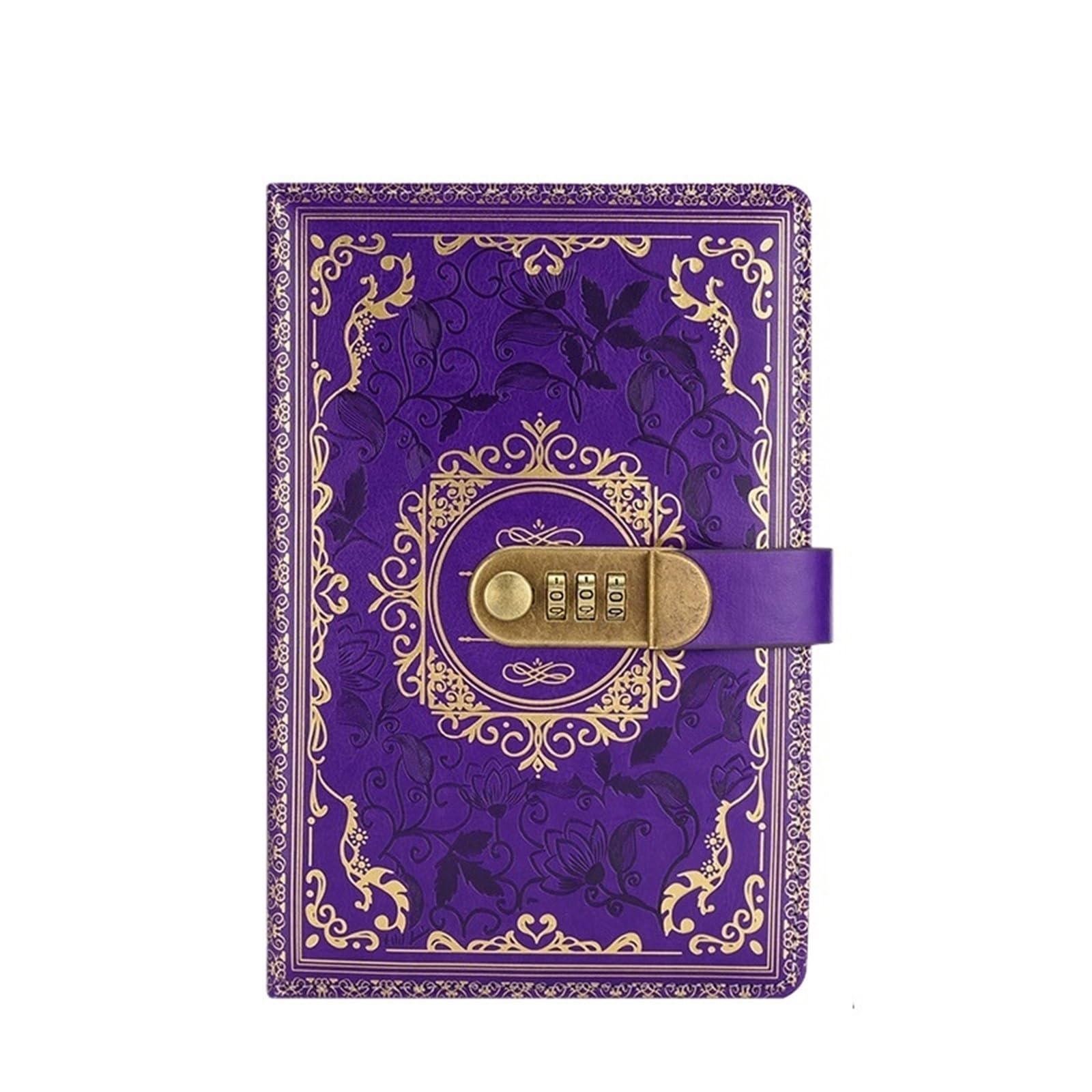 Tagebuch Mit Schloss Retro Digitales Passwort-Notizbuch Journal mit Schloss A5 Tagebuch for Männer und Frauen PU Leder Zahlenschloss Personen Privatsphäre(Purple)