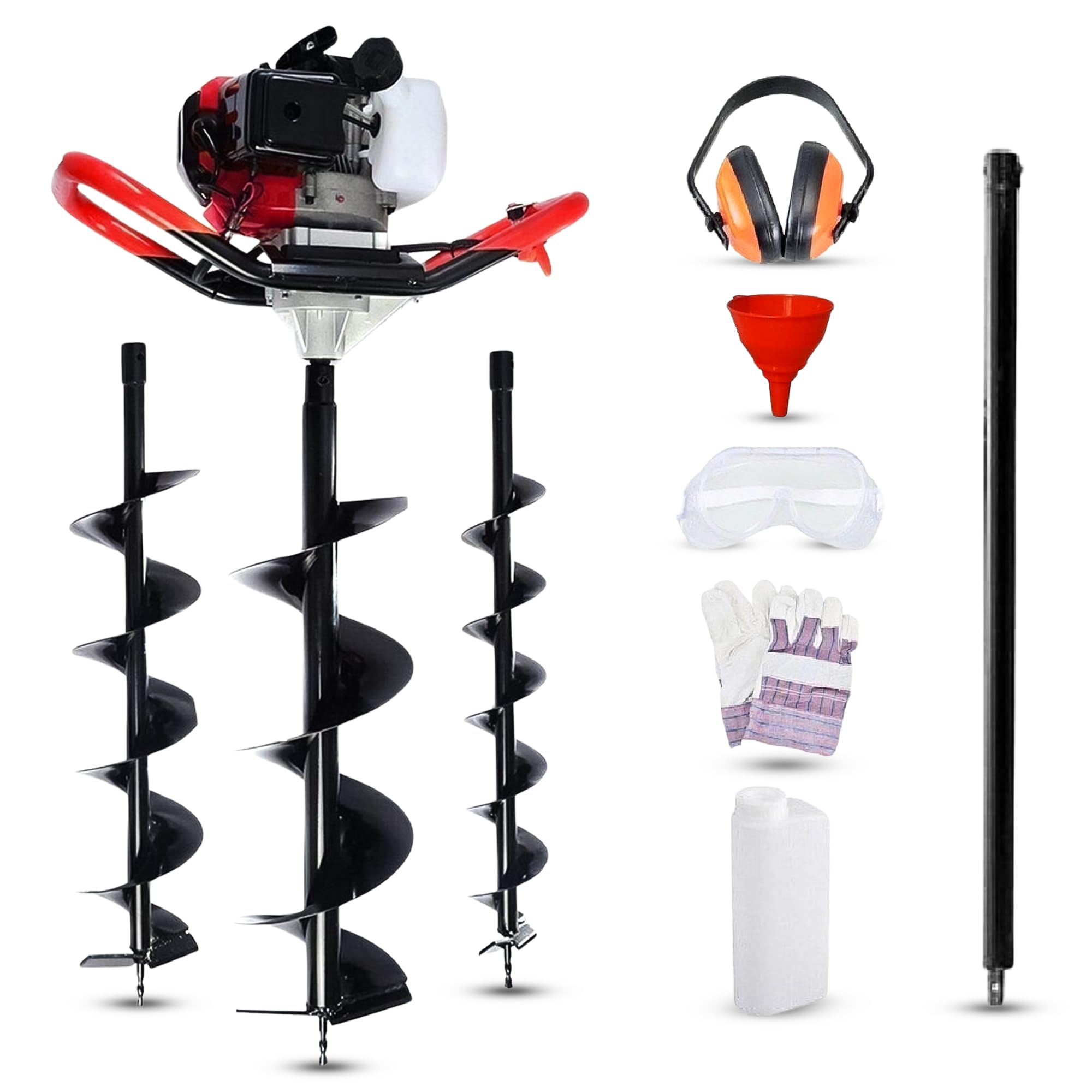 Dealourus Tarière à essence à 2 temps de 65 cc – Perceuse de trou de poteau pour clôture de jardin robuste avec 3 forets et une perche d’extension