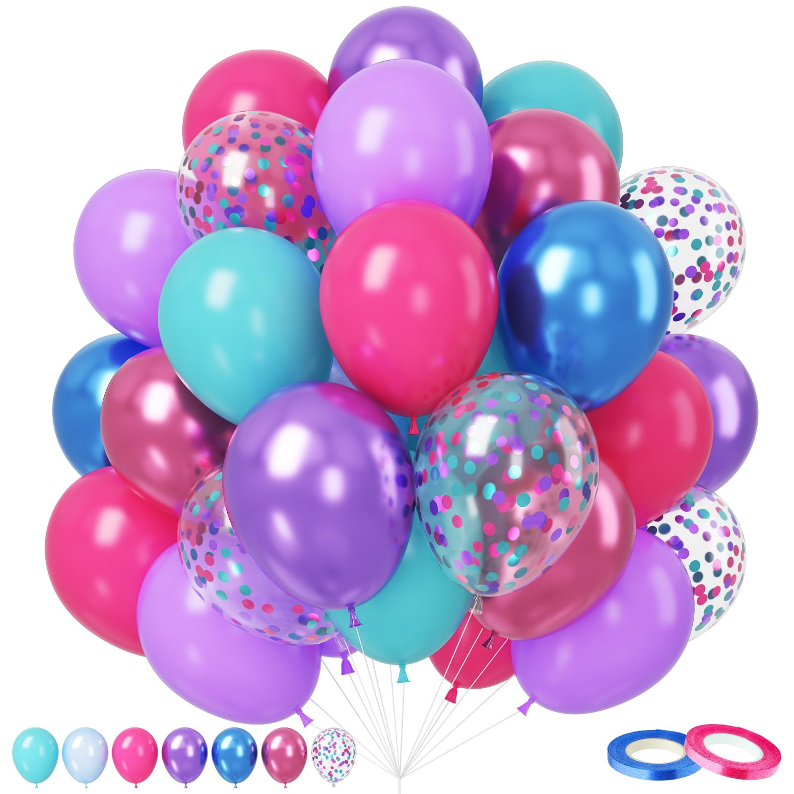 Pink Purple Teal Balloons, 12 Inchs 50pcs Hotpink Purple Ballons, Metallic Pink Blue Birthday Balloon Pink Teal Blue Confetti Ballons for Girls Baby