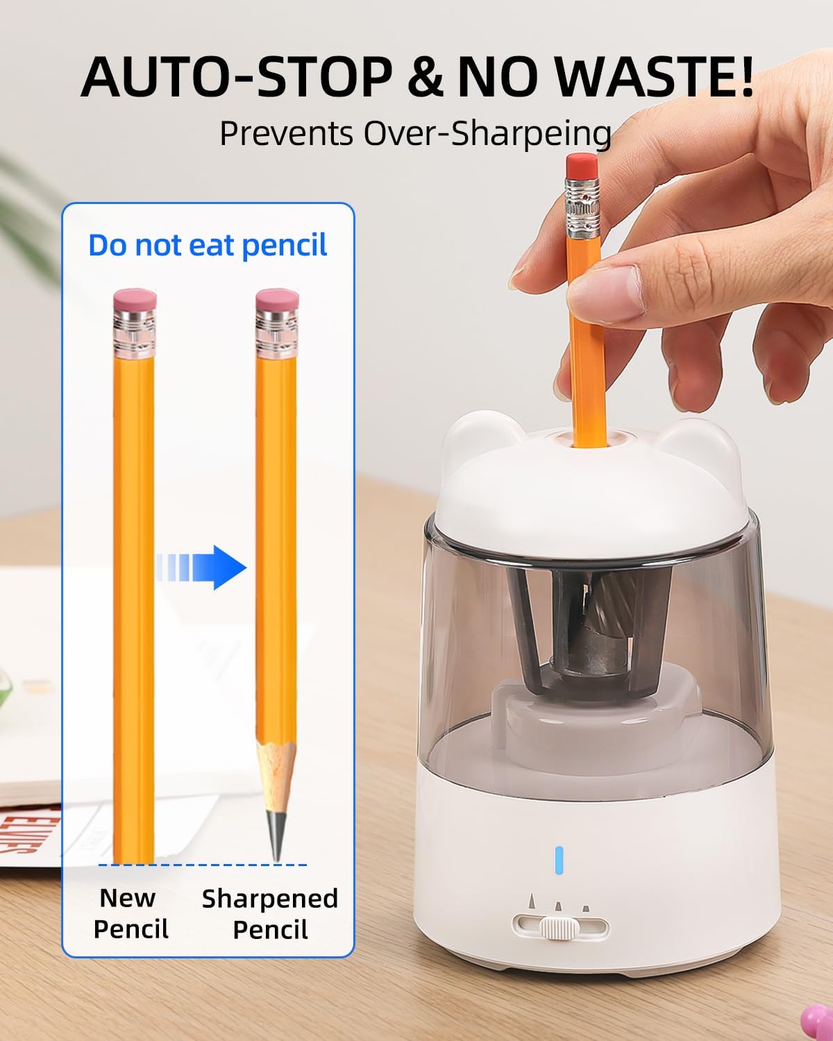 ZMOL Colored Pencil Sharpener, Rechargeable Electric Pencil Sharpener, Auto Stop, Pencil Sharpeners for Battery Powered Cute for Kids Gift No.2/Colored Pencils (6-8mm), Classroom/Office/Home White