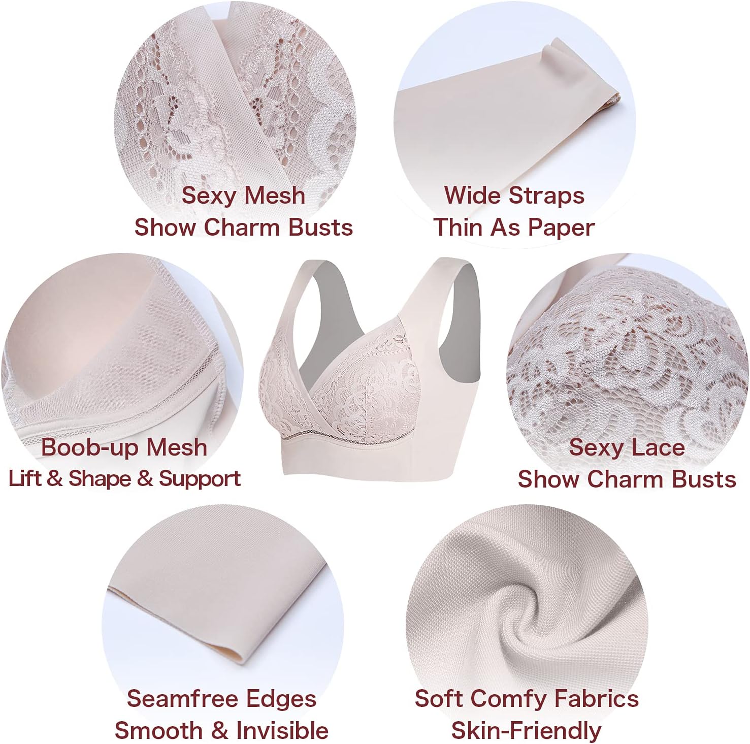 WOWENY Seamless Lace Bras for Women Wirefree Comfortable Mesh Padded Soft Back Smoothing Bra - Image 5