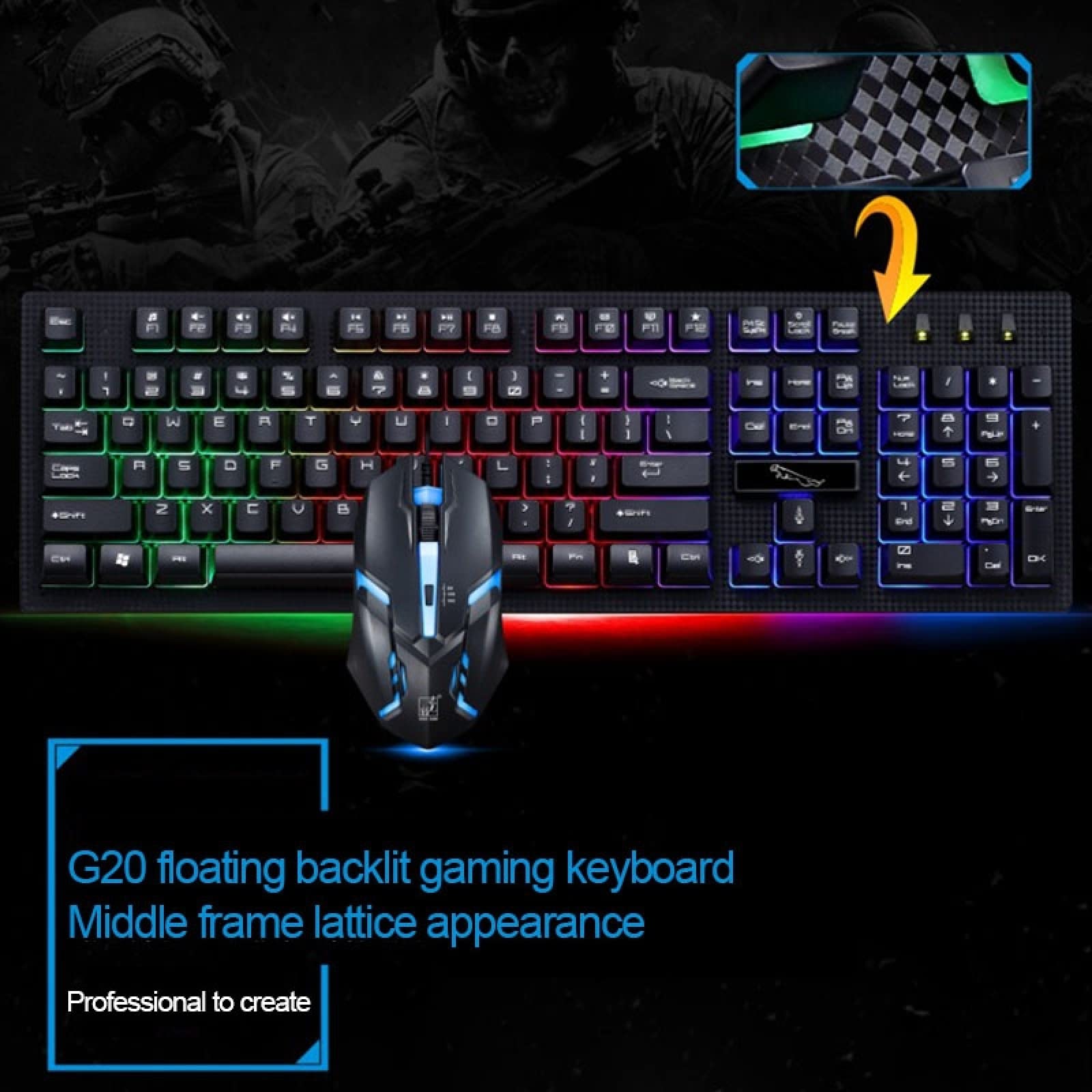 Tastiera del Computer G20 1600 DPI Professionale Retroilluminato RGB Retroilluminazione Meccanica Sospensione Tastiera + Mouse Ottico Kit Compatible for Laptop, PC (Nero) (Colore : Black)