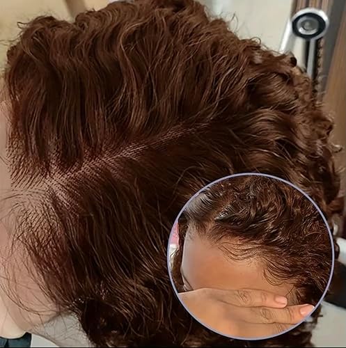 Miniatura 3 de Pelucas de cabello humano con encaje frontal marrón chocolate de 13 x 4, 12 pulgadas, HD 4#, peluca de cabello humano rizado estilo Bob castaño