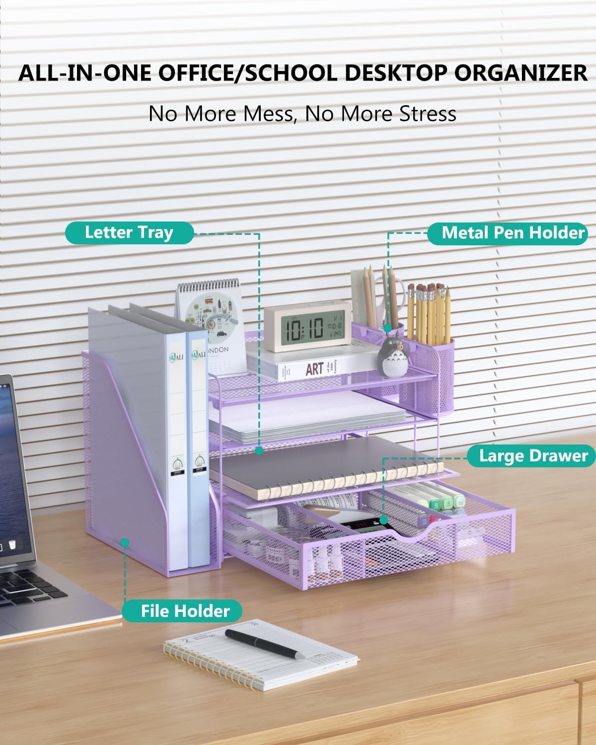WALI Desk File Organizer, 4 Tier Desktop Paper Letter Tray Organizer with Drawer and 2 Pen Holders, Office Desk Accessories & Workspace Organizers for Office, Home Supplies(DO005DH-V), 1 Pack, Purple