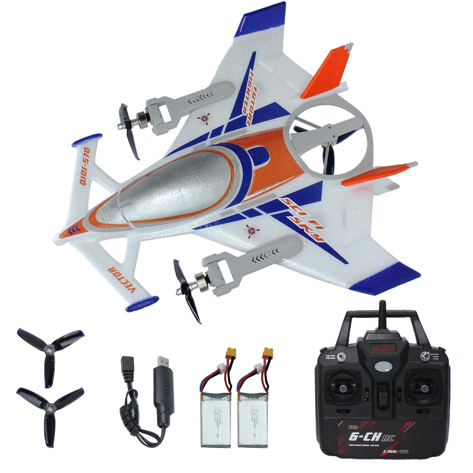 FLYCOLOR QIDI 570 RC Flugzeug 2,4 GHz 6CH RC Segelflugzeug Festflügelflugzeug 3 Flugmodelle Bürstenlose RC Hubschrauber Vertikaler Takeoff RC Glider (Blau)