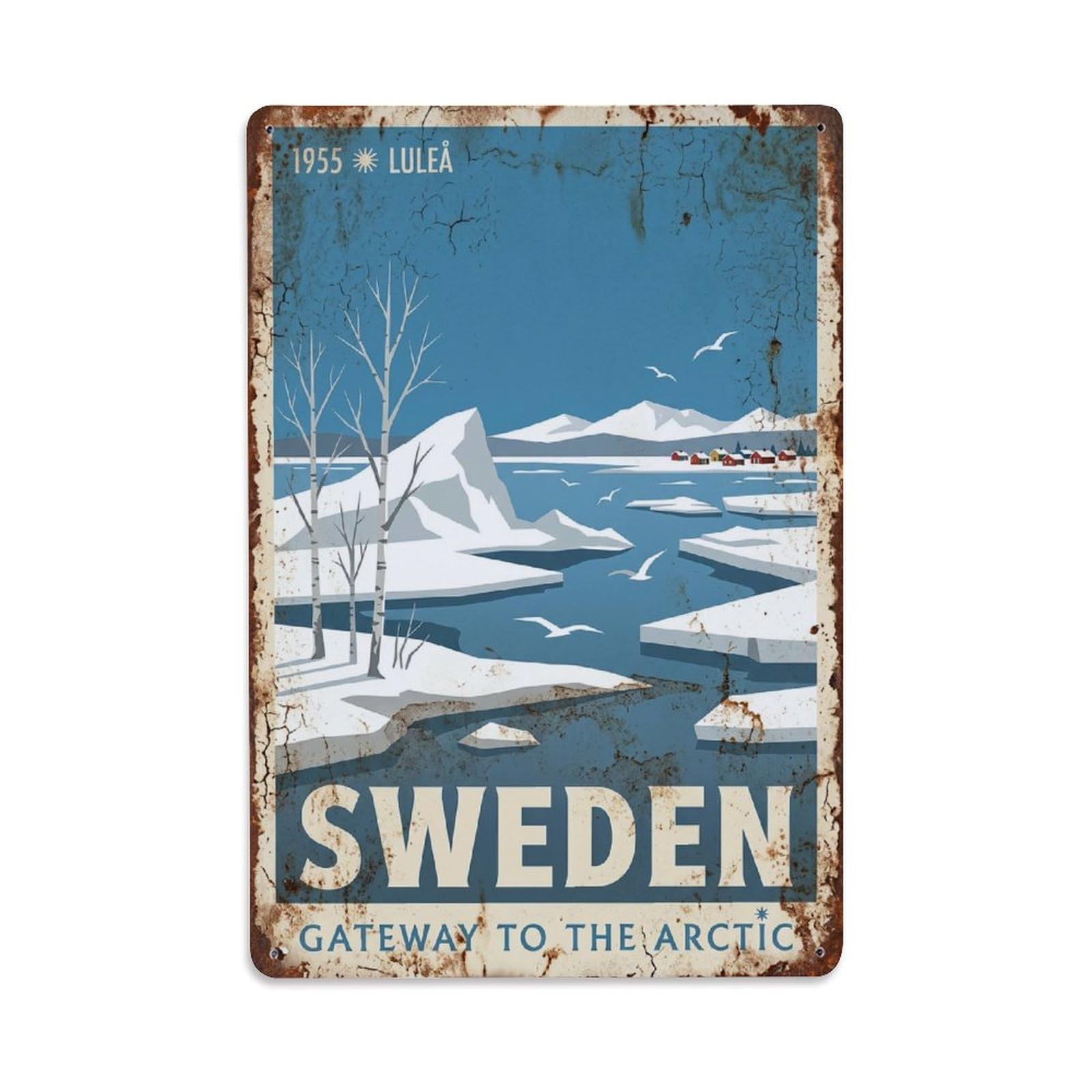 Vintage Travel Lulea Sweden Northern Metal Tin Sign