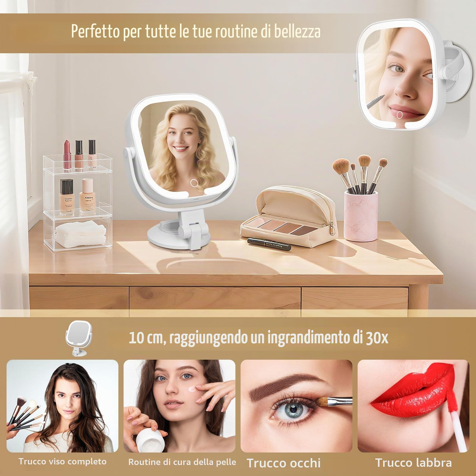 Specchio ingranditore con ventosa Specchio da trucco luminoso Specchio cosmetico double face 30X/1X,specchio da bagno con 3 modalità di illuminazione luminosità Regolabile,per Bagno e Viaggio
