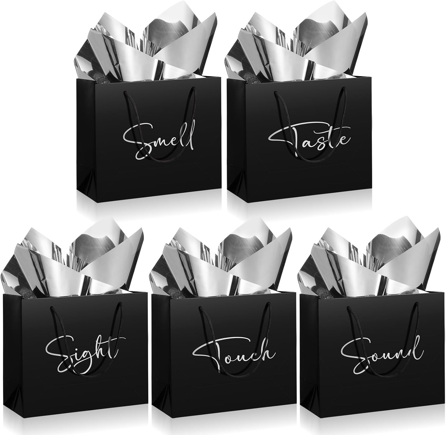 Sweetude 5 Pcs 5 Senses Bags for Him and Her, 5 Senses Gift Bags with Handles and 10 Pcs Tissue Paper, 9 x 4 x 7. 8 Inch Elegant Paper Decor for Birthday Wedding Anniversary Graduation Party(Black)