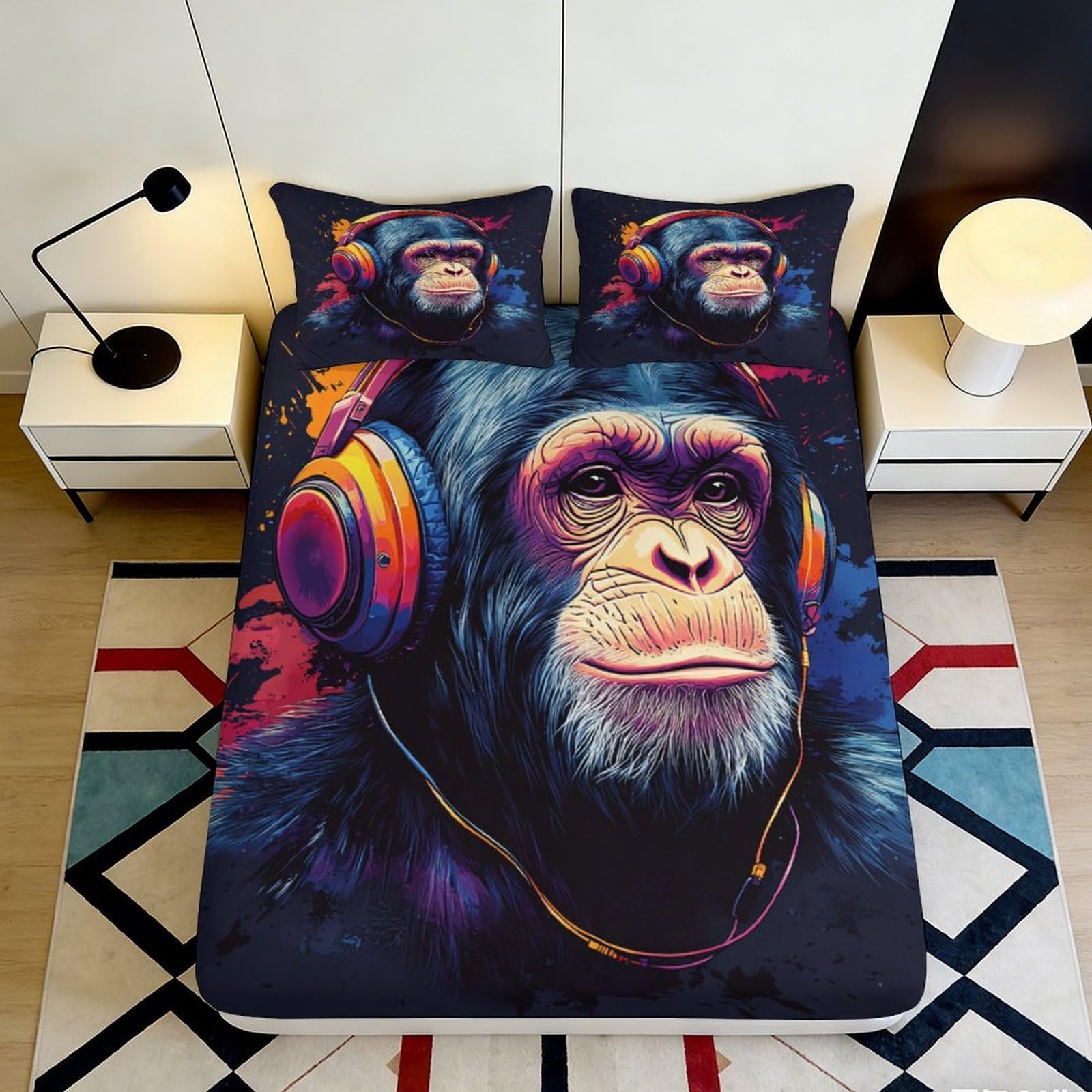 3D Printed Graffiti Chimpanzee Headphone Fitted Sheet Microfiber Colorful Bed Cover Anti-Slip Washable for Bedroom Decor 90x200x25cm