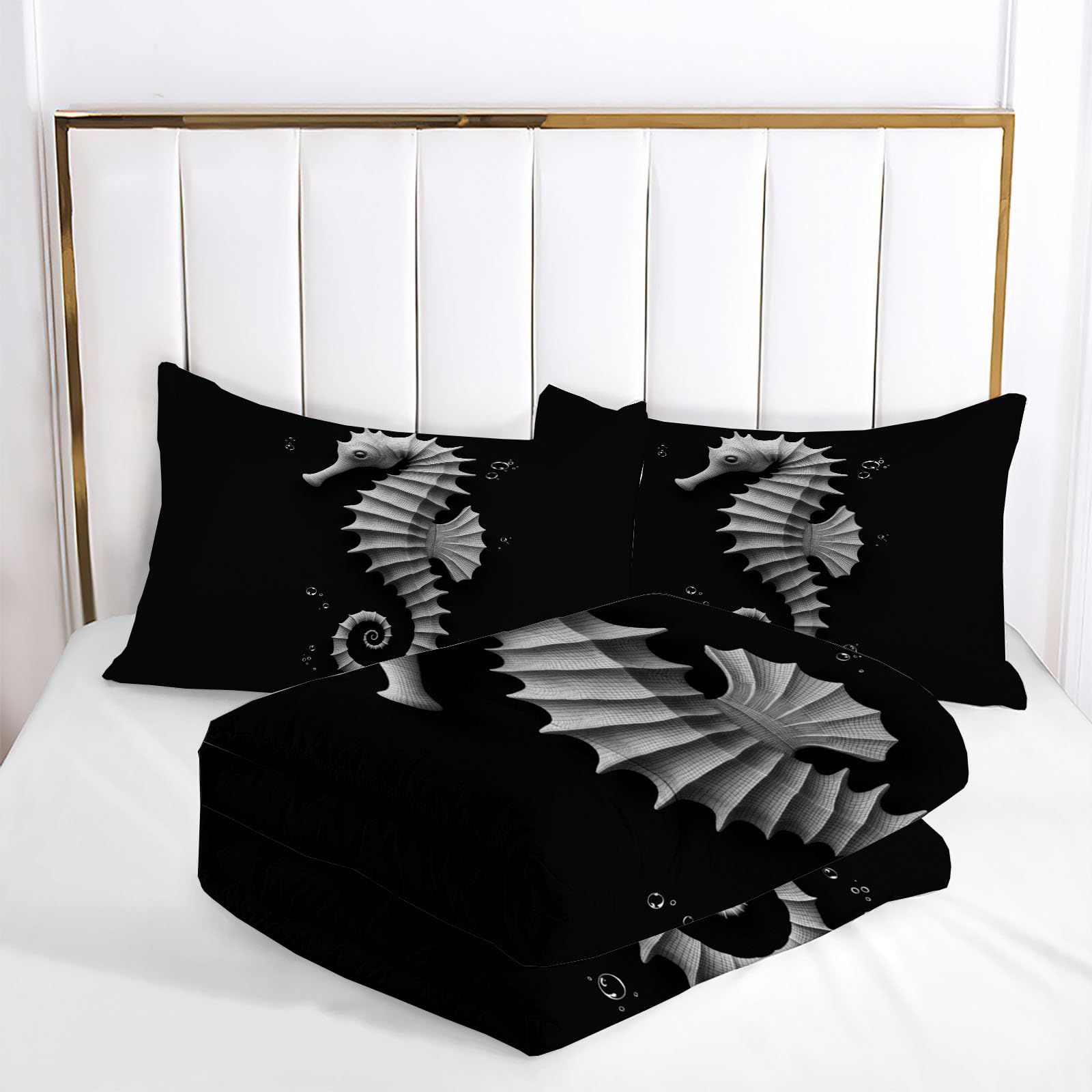Edredón Nórdico Cama 90, Relleno Nórdico Estampado Sencillo Caballito Mar 140x200cm con 1 Fundas de Almohada 50x75 cm, Arte Lineal Animales Edredón 4 Estaciones Infantil y Juvenil