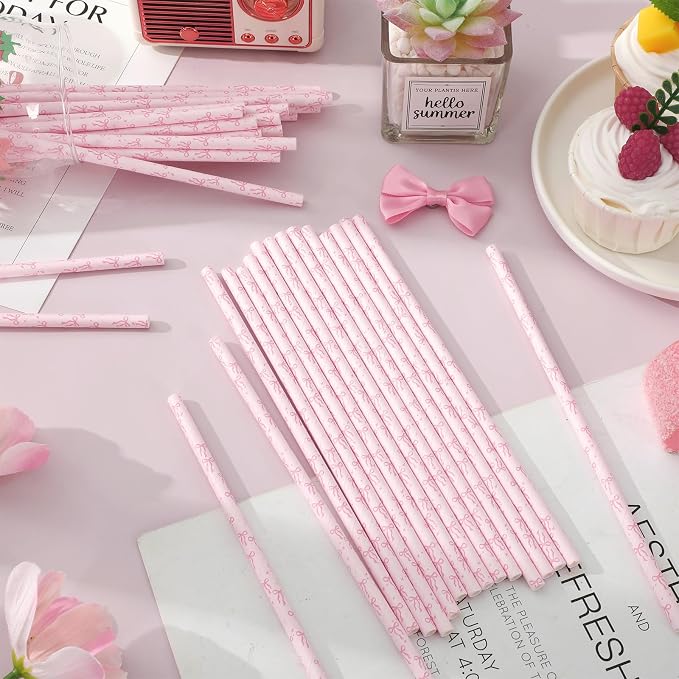 Pitillos de papel rosa con lazo 200 pcs miniatura 2