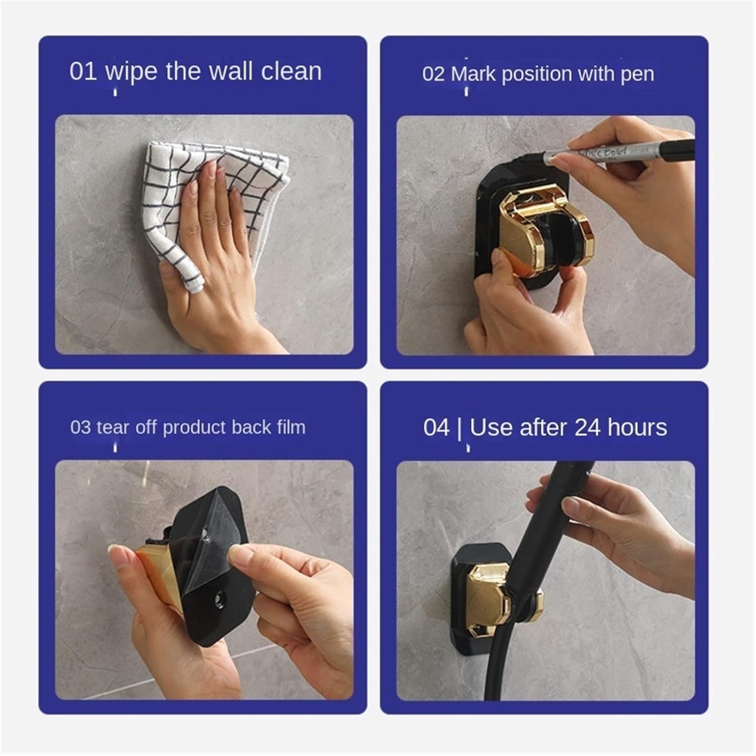 Adjustable Shower Head Holder 4 Colors Bracket Sliver No Punching Gel Wall Mounted Bathroom Mount Waterproof(Black)