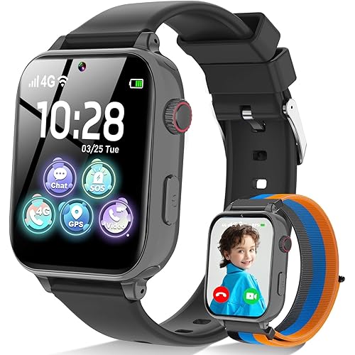 4G Kids Smart Watch GPS Tracker, Smartwatch for Kid with SIM Card, Calling, Voice Chat, Class Mode, SOS, Pedometer, Alarm, Games, HD Touch Screen Phone Watch Gift for 4-12 Girls Boys, Black Grey