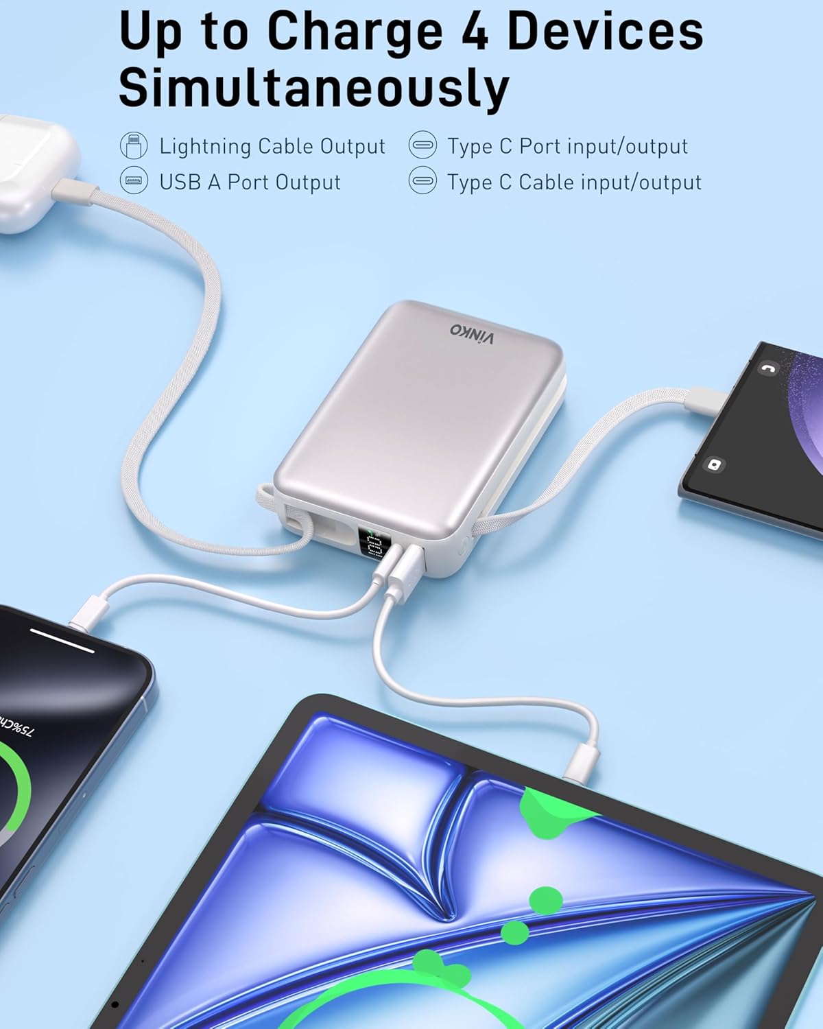 The VINKO Portable Charger V1002 simultaneously charging four different devices: a smartphone via built-in Lightning, another smartphone via built-in USB-C, a tablet via USB-C port, and a wireless earbud case via USB-A port.