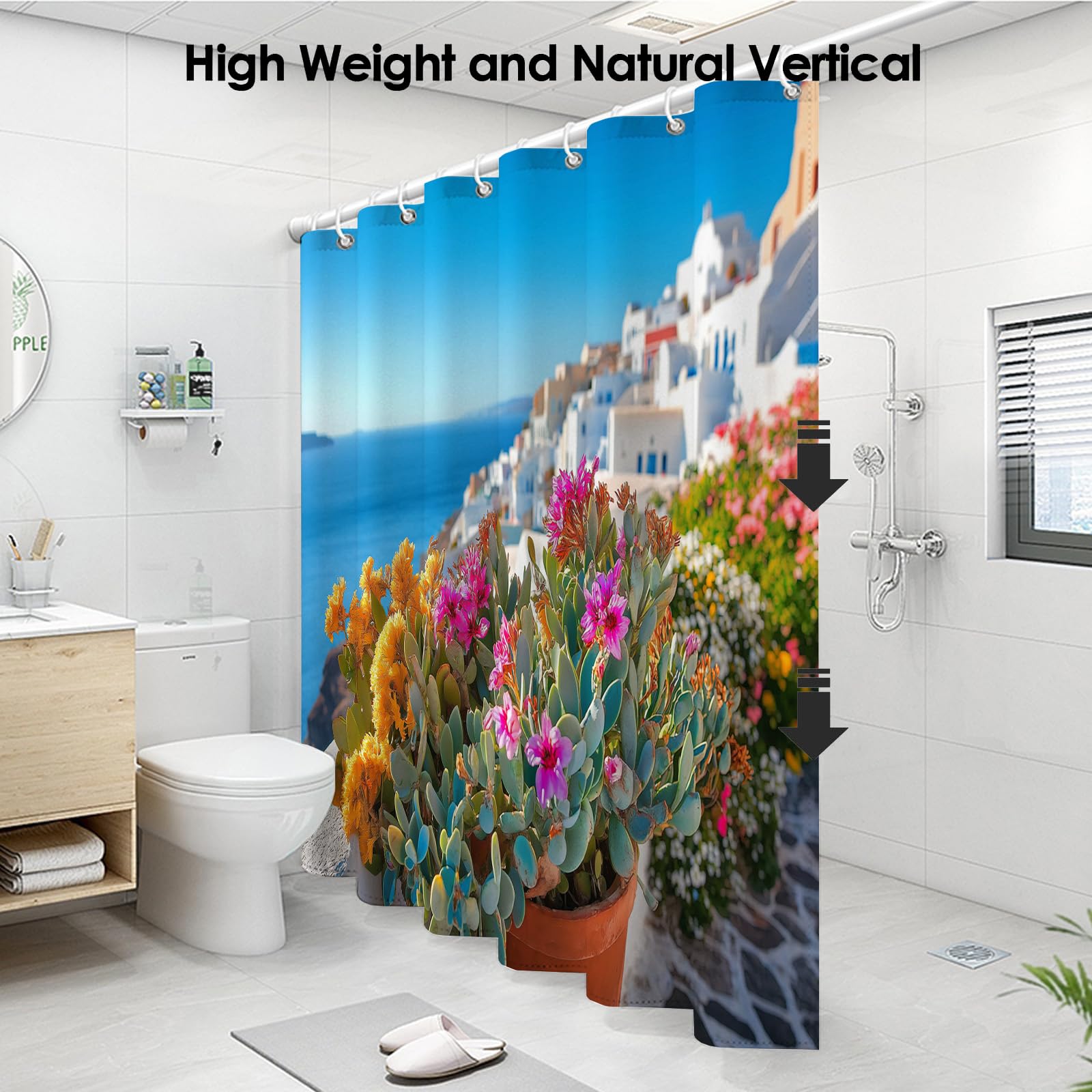 Weißes Gebäude Duschvorhang Anti-Schimmel,Wasserdichter Duschvorhang,Blumen Meer Badewanne Vorhang Schnell Trocknend für Badezimmer,H200 x B180 cm (1er Pack)