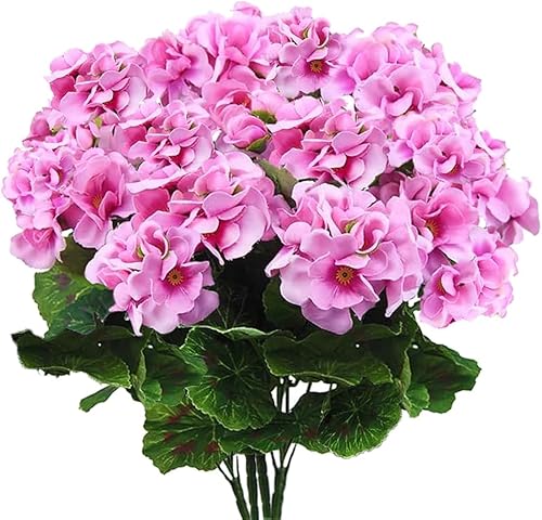 Miniatura 9 de FERIAL 4 flores artificiales de seda de geranio rojo para exteriores, arbusto, flores sintéticas, geranios para decoración floral del hogar,