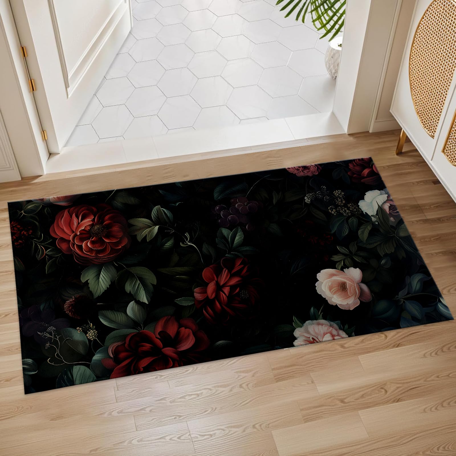 Plistiz Dark Floral Indoor Door Mat, 17x29.5 Inch, Floor Area Rug for Entryway, Living Room, or Bathroom, Non-Slip Doormat, Vintage Roses Home Decor