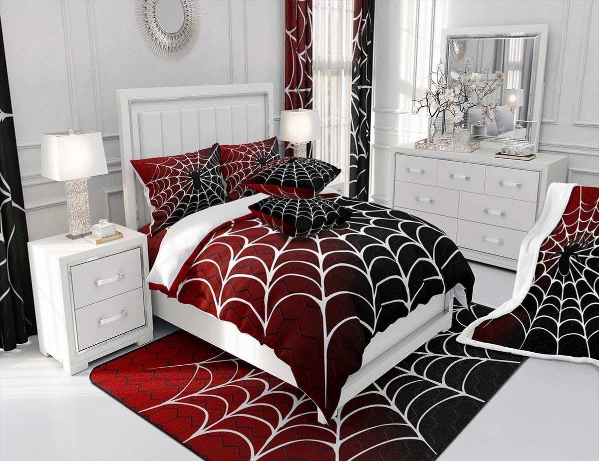 Manfei Burgundy and Black Sheet Set Queen Size, White Spider Web Print Bed Sheet Set 4pcs with Fitted Sheet + Flat Sheet + 2 Pillowcases, Halloween Spider Bedding Set for Kids Boys Girls Room Decor