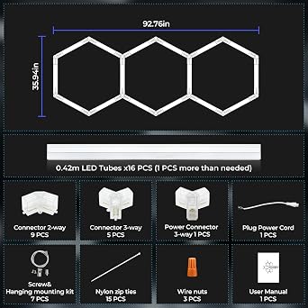 ALLYES Hexagon Garage Light,Honeycomb Hex LED Ceiling Lights, 6500K 100W 12860LM, DIY Splicing Hex Ceiling & Wall Decor Lights, for Workshop Basement Gym Warehouse Bar Barbershops [Energy Class D]