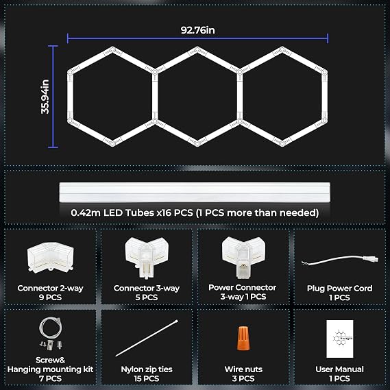 ALLYES Hexagon Garage Light,Honeycomb Hex LED Ceiling Lights, 6500K 100W 12860LM, DIY Splicing Hex Ceiling & Wall Decor Lights, for Workshop Basement Gym Warehouse Bar Barbershops [Energy Class D]