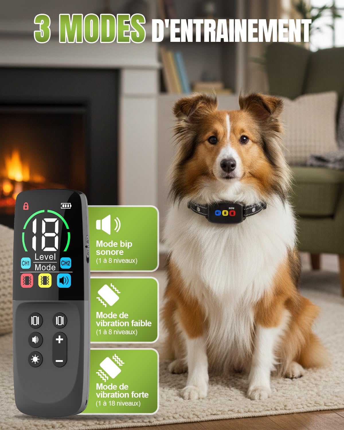 Collier de Dressage pour Chiens Rechargeable avec Télécommande, Bip, Vibration, Forte Vibration, Portée 800m, Étanche IP67, Collier Éducation Chien, pour Petits et Grands Chiens (8-120 lbs)