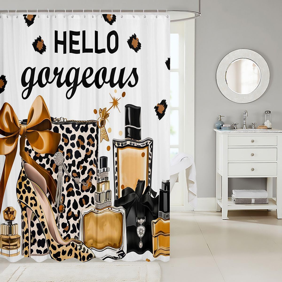 Brown Leopard Cheetah Print Shower Curtain | Fashion Modern Luxury Bath Curtain for Kids Girl Women Perfume High Heels Girly Bathroom Accessories Trendy Stylish Girls Fabric Shower Curtains,72"Wx78"L image 2