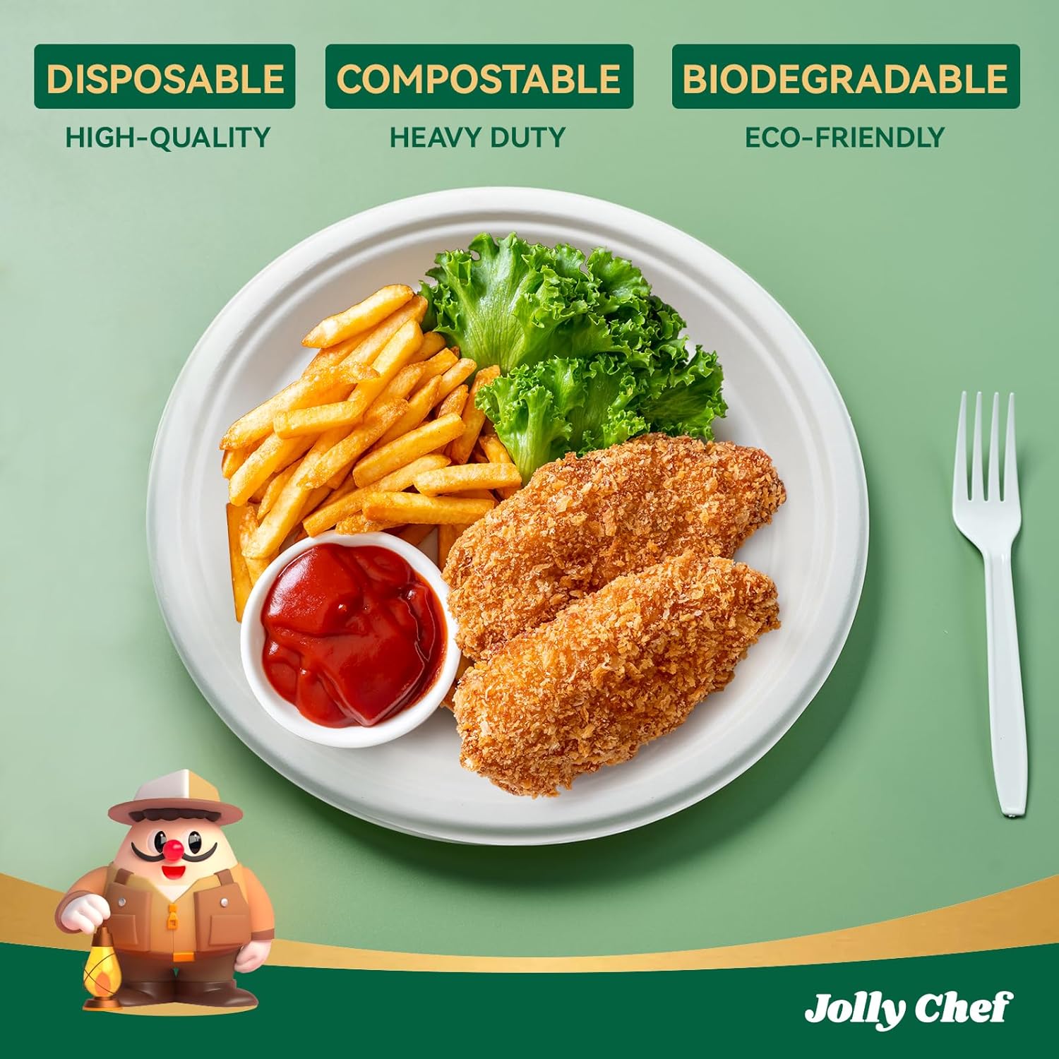 JOLLY CHEF Compostable Heavy Duty Plates 𝟭𝟬 𝗜𝗻𝗰𝗵 [𝟯𝟬𝟬 𝗣𝗮𝗰𝗸] Eco-Friendly Disposable White Uncoated Paper Plates Bagasse Sugarcane Biodegradable for Hot Cold Food Party Dinner Weddings - Image 3
