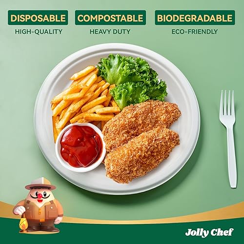 Miniatura 3 de JOLLY CHEF Platos 100% compostables resistentes de 10 pulgadas (paquete de 125) platos de papel blanco desechables ecológicos hechos de bagazo,