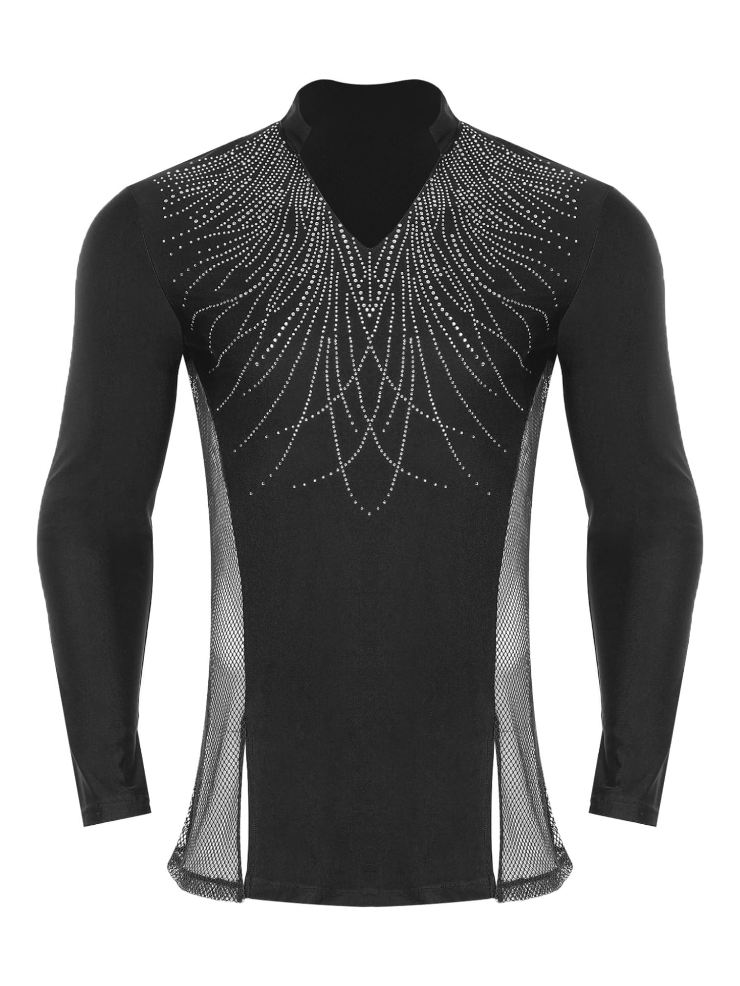 ranrann Homme Haut Danse Latine Manches Longues Strass Scintillants en Maille Top Danse Salsa Rumba Samba Chemise Jazz Moderne