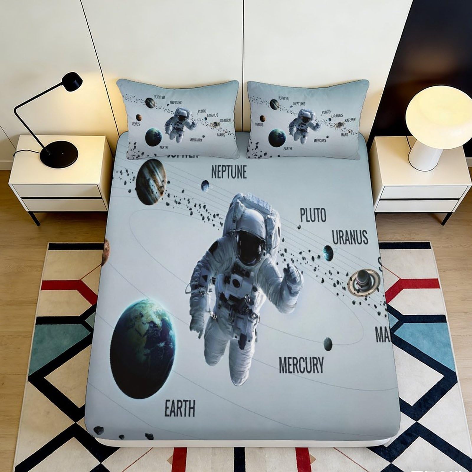 3D Printed Astronaut Space Exploration Fitted Sheet Microfiber Soft Breathable Solar System Mattress Cover for Bedroom Dorm Decor 90x200x25cm