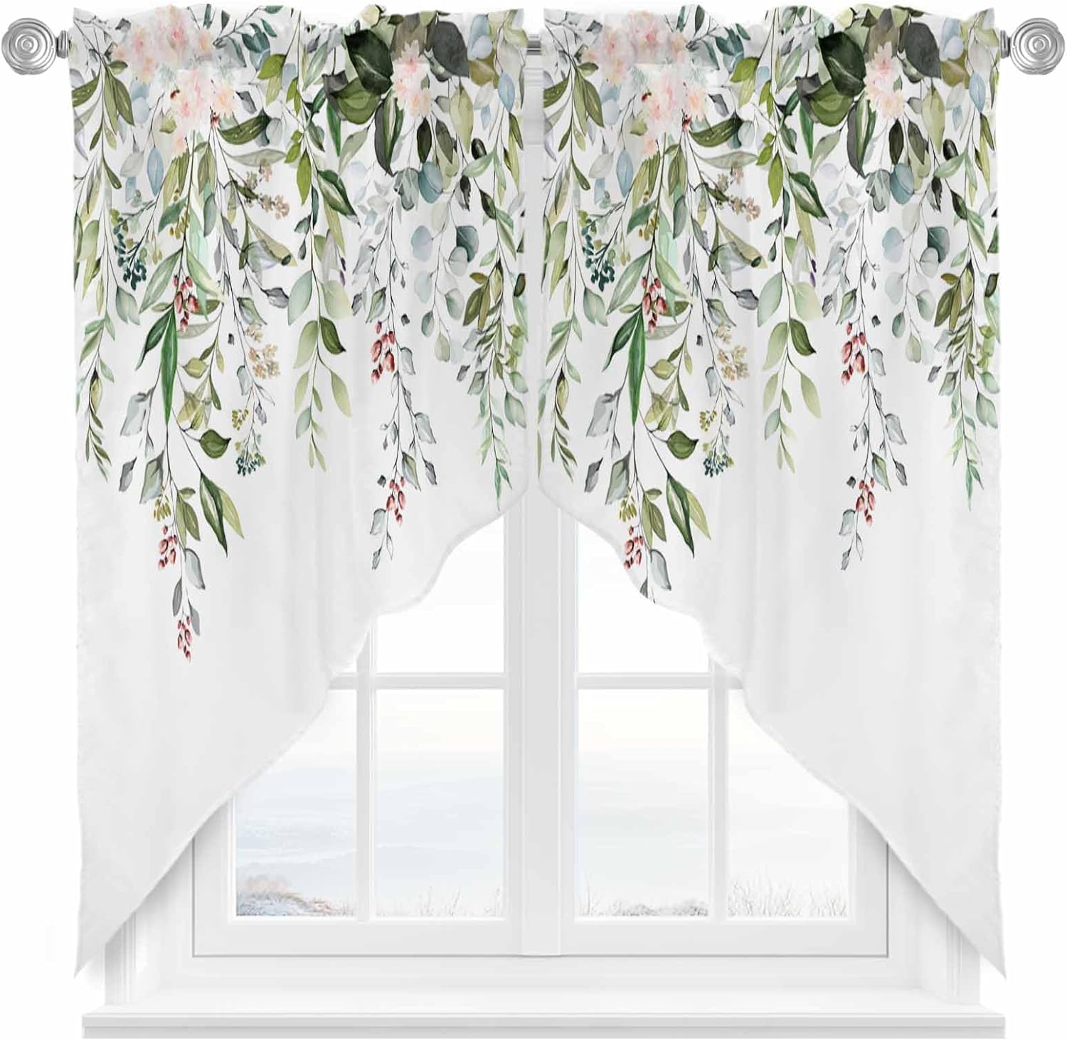 Eucalyptus Floral Swag Valances Kitchen Curtains 45 Inches Length, Sage Green Botanical Leaves Plants Tier Drapes Swag Topper, Watercolor Flowers Short Window Treatments for Bedroom 2 Panels 36"x45"