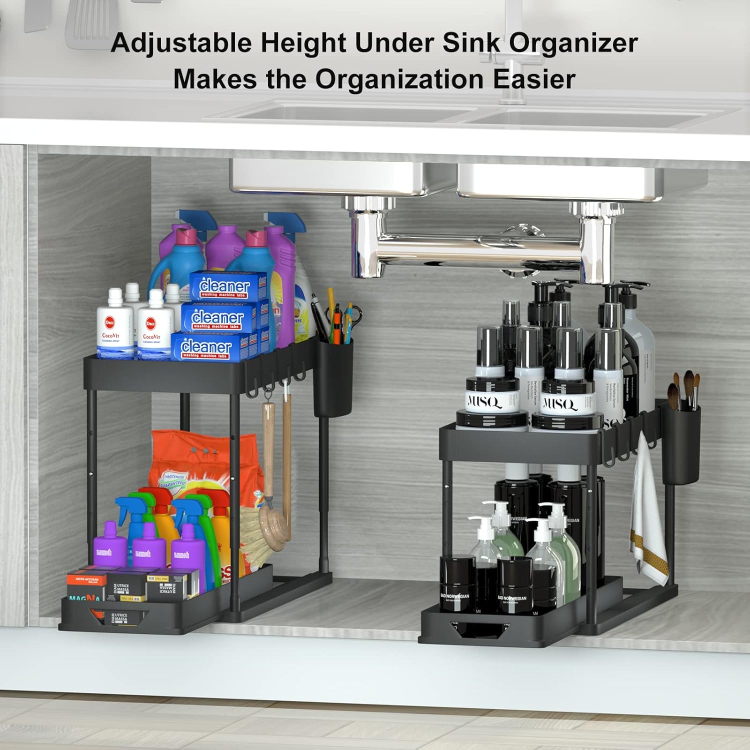 Under Sink Shelf Kitchen Organiser 2-Tier Drawer Organiser Liftable Cabinet Organiser Kitchen with 4 Hooks, 8 Non-Slip Pads & 1 Hanging Cup Storage (2 Pack, Black)